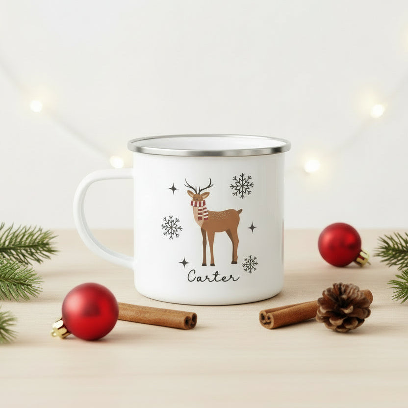 Personalized Reindeer Enamel Mug | Custom Christmas Gifts for Kids & Family