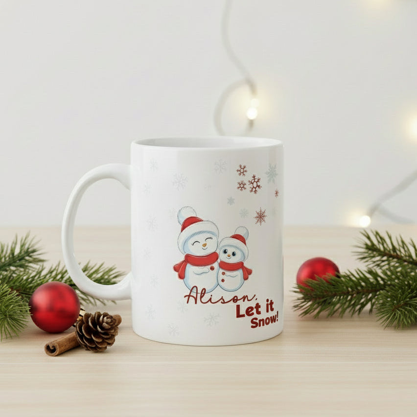 Let It Snow Snowman Christmas Mug — Festive Holiday Ceramic Coffee Cup (11oz/15oz)