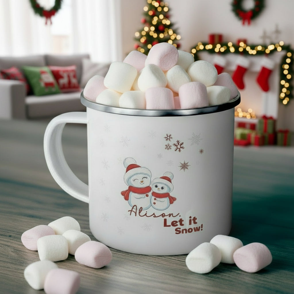 Personalized Snowman Enamel Mugs | Custom Christmas Gifts for Kids & Family