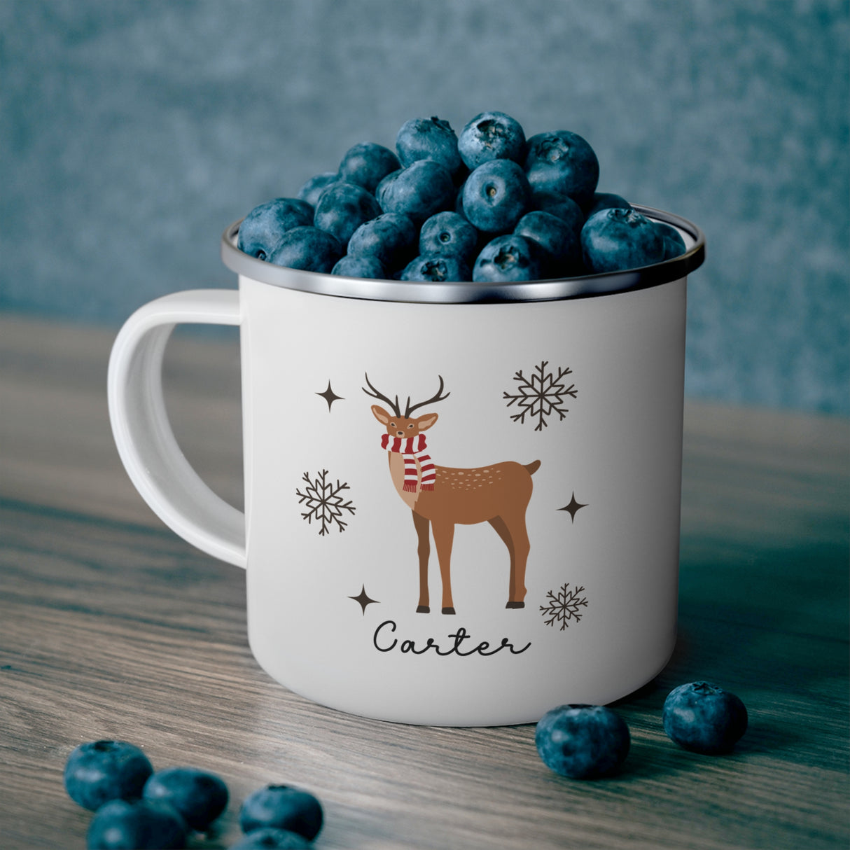 Personalized Reindeer Enamel Mug, Custom Name Winter Wonderland Gift