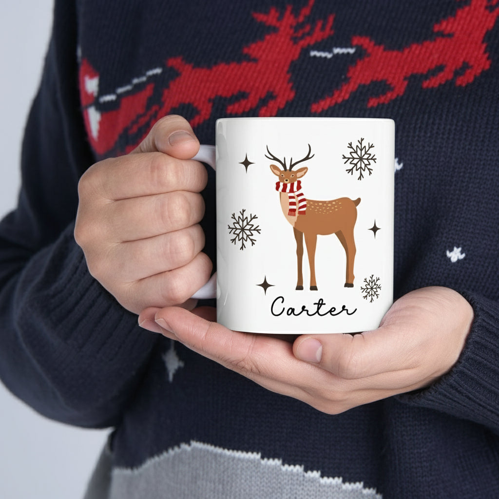 Christmas Reindeer Ceramic Mug – Holiday Snowflake Coffee Cup (11oz & 15oz)