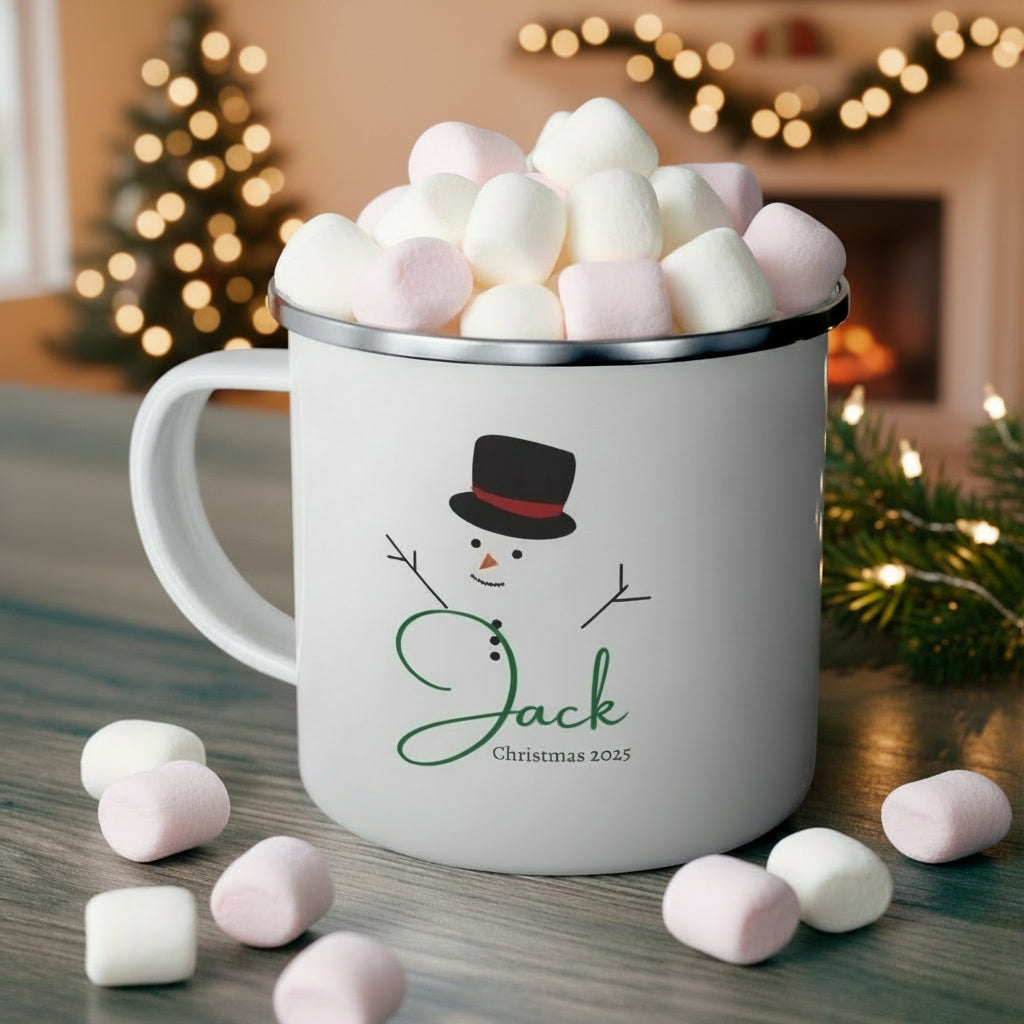 Personalized Snowman Enamel Camping Mug | Custom Christmas Gifts for Kids & Family