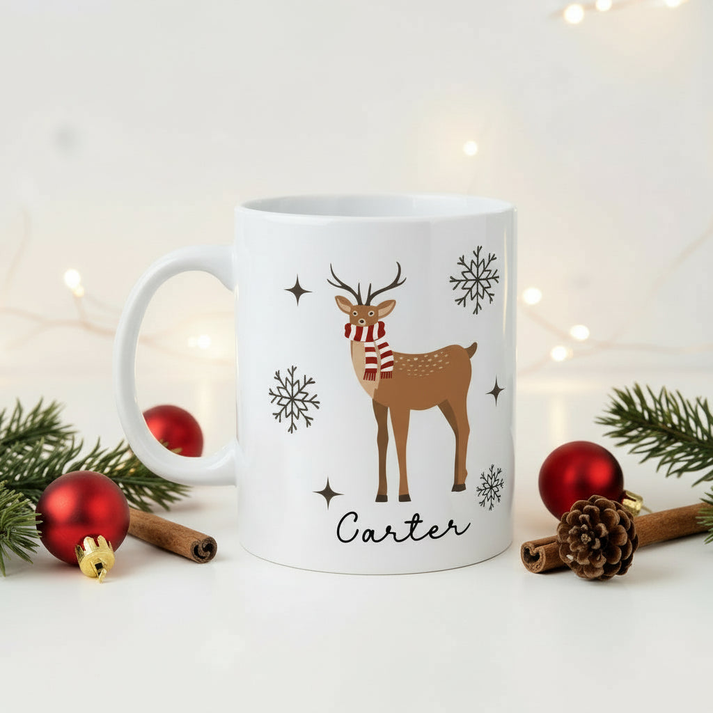 Christmas Reindeer Ceramic Mug – Holiday Snowflake Coffee Cup (11oz & 15oz)