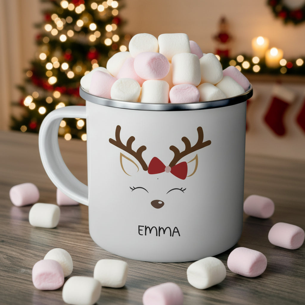 Personalized Reindeer Enamel Camping Mug | Custom Christmas Gifts for Kids & Family