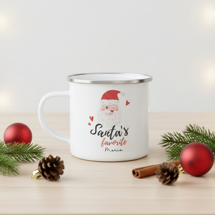 Personalized Santa's Favorite Enamel Camping Mug | Custom Christmas Gifts for Kids & Family