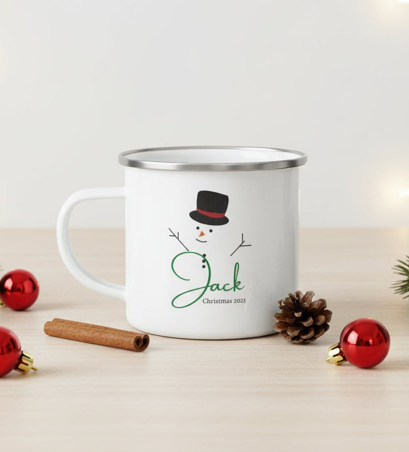 Personalized Snowman Enamel Camping Mug | Custom Christmas Gifts for Kids & Family
