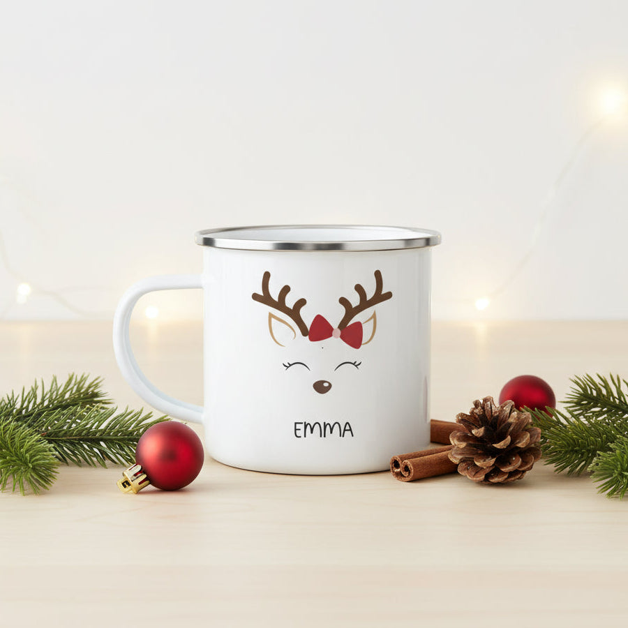 Personalized Reindeer Enamel Camping Mug | Custom Christmas Gifts for Kids & Family