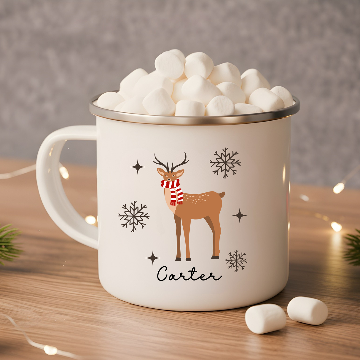 Personalized Reindeer Enamel Mug | Custom Christmas Gifts for Kids & Family