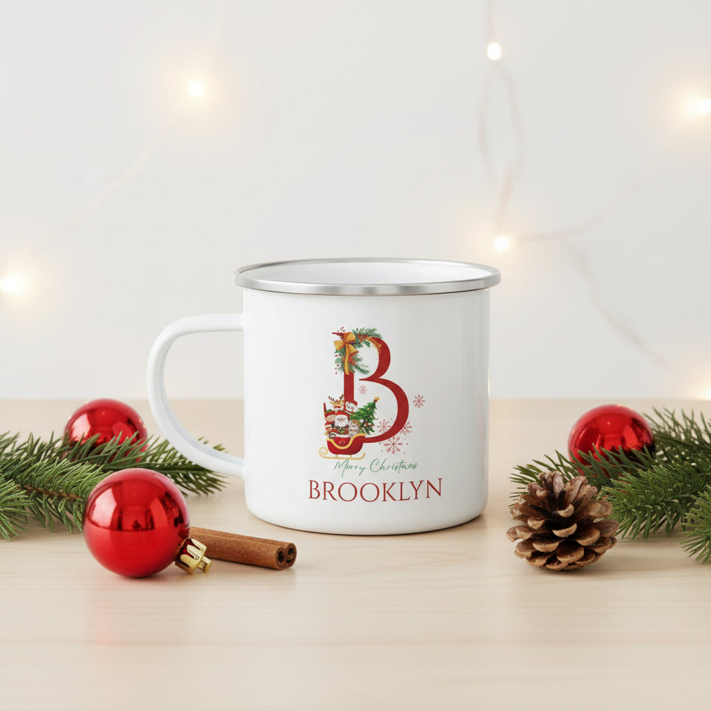 Unique Christmas Gift: Personalized Initial & Name Enamel Camping Mug – Cutest Alphabet Letter Design