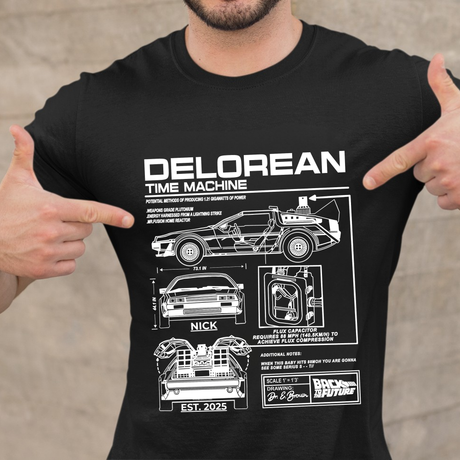 Personalized DeLorean Time Machine T-Shirt | Blueprint with Name and Year | Back to the Future Gift
