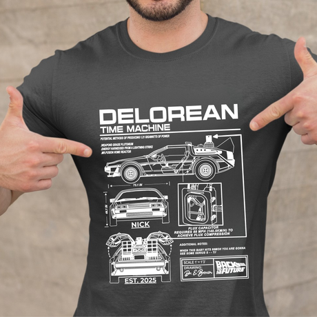 Personalized DeLorean Time Machine T-Shirt | Blueprint with Name and Year | Back to the Future Gift