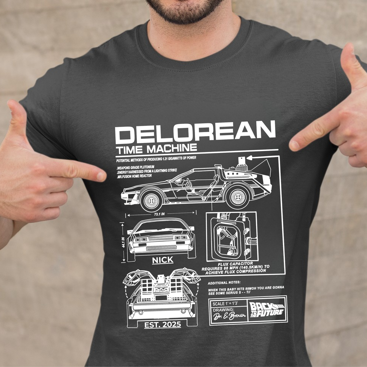 Personalized DeLorean Time Machine T-Shirt | Blueprint with Name and Year | Back to the Future Gift