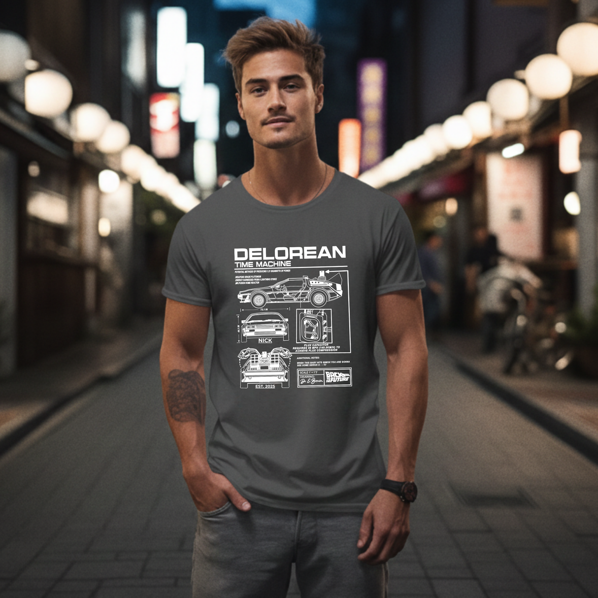 Personalized DeLorean Time Machine T-Shirt | Blueprint with Name and Year | Back to the Future Gift