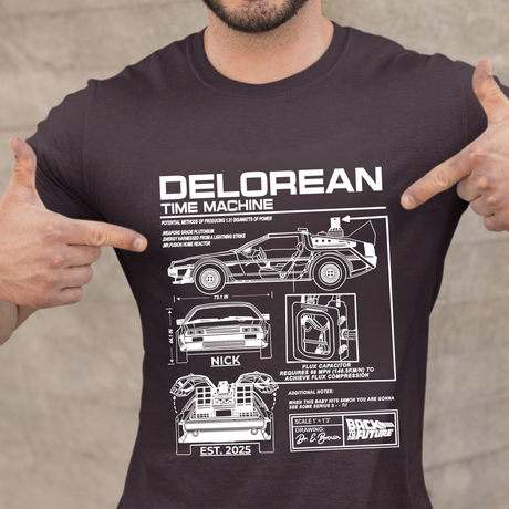 Personalized DeLorean Time Machine T-Shirt | Blueprint with Name and Year | Back to the Future Gift