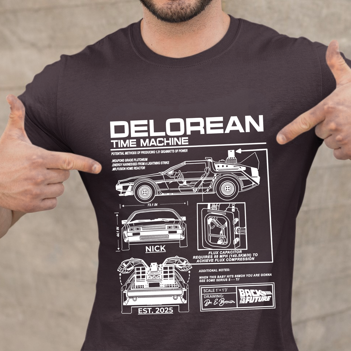 Personalized DeLorean Time Machine T-Shirt | Blueprint with Name and Year | Back to the Future Gift