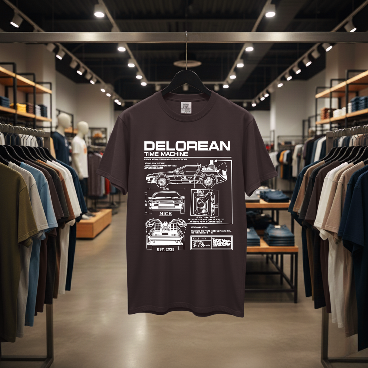 Personalized DeLorean Time Machine T-Shirt | Blueprint with Name and Year | Back to the Future Gift