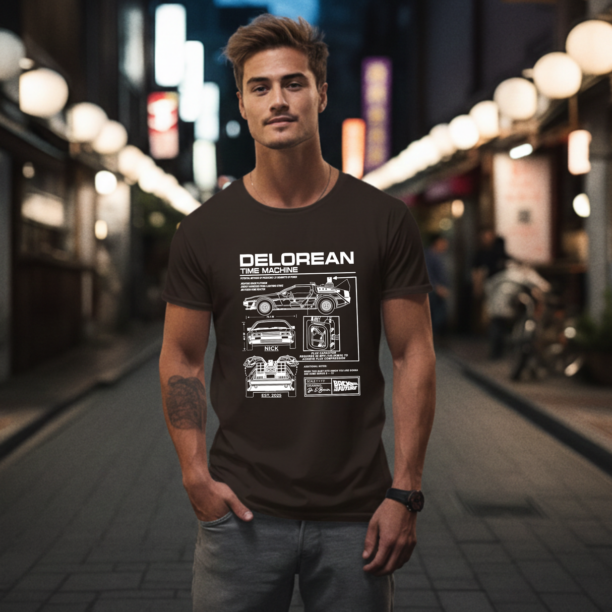 Personalized DeLorean Time Machine T-Shirt | Blueprint with Name and Year | Back to the Future Gift