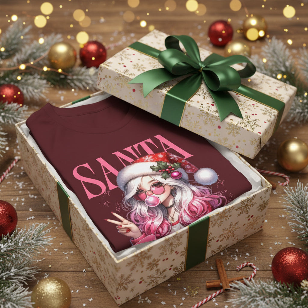 Christmas Gift: Personalized Santa Baby Tee 'Pink Holiday Girl' T-Shirt for Her