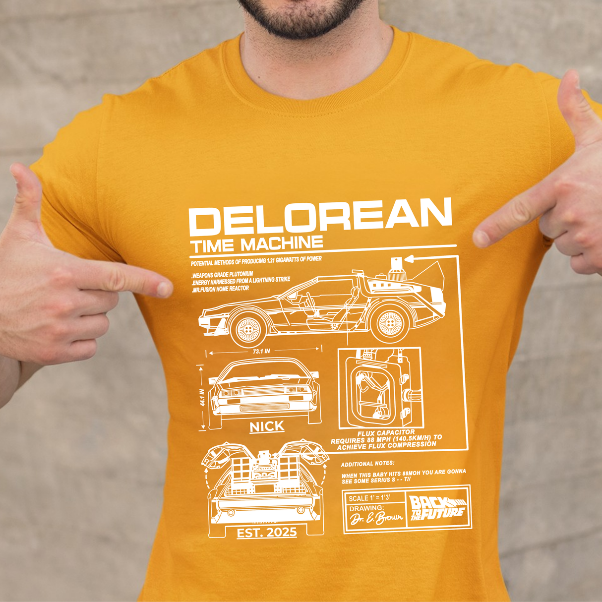 Personalized DeLorean Time Machine T-Shirt | Blueprint with Name and Year | Back to the Future Gift