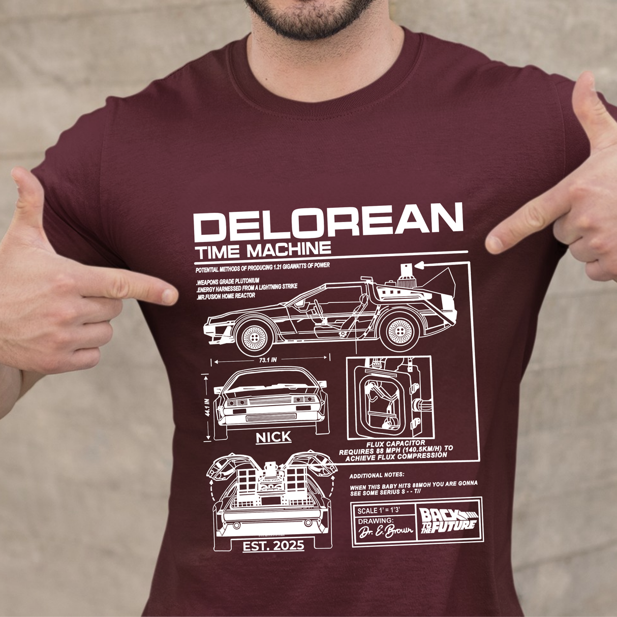 Personalized DeLorean Time Machine T-Shirt | Blueprint with Name and Year | Back to the Future Gift