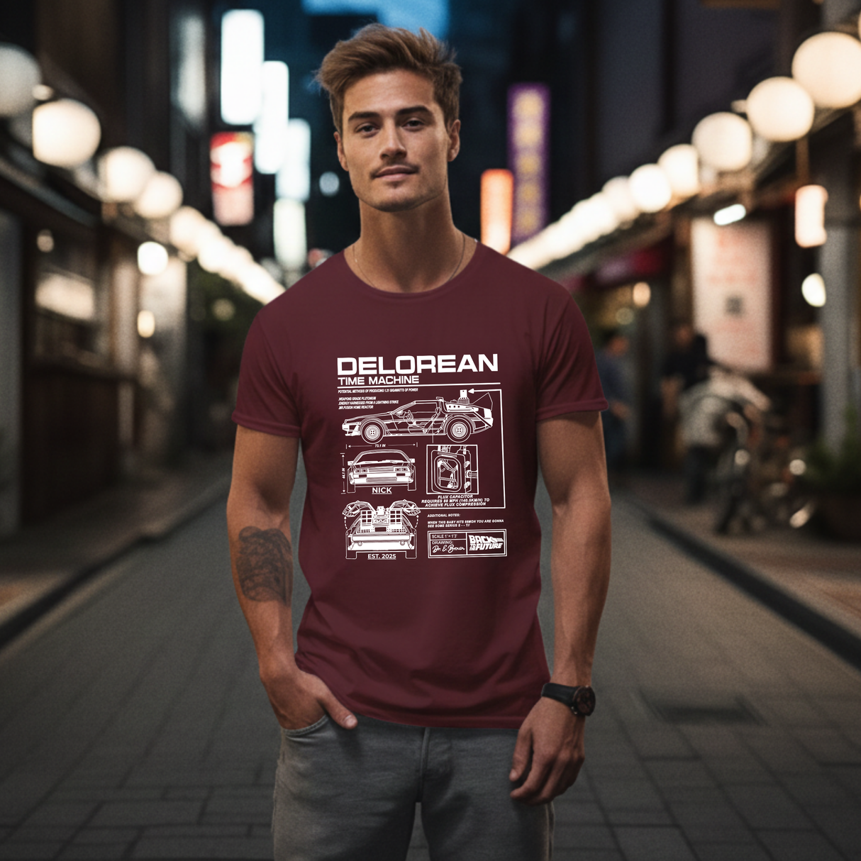 Personalized DeLorean Time Machine T-Shirt | Blueprint with Name and Year | Back to the Future Gift