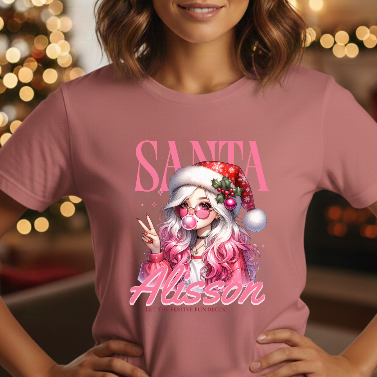Christmas Gift: Personalized Santa Baby Tee 'Pink Holiday Girl' T-Shirt for Her