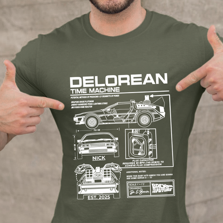 Personalized DeLorean Time Machine T-Shirt | Blueprint with Name and Year | Back to the Future Gift