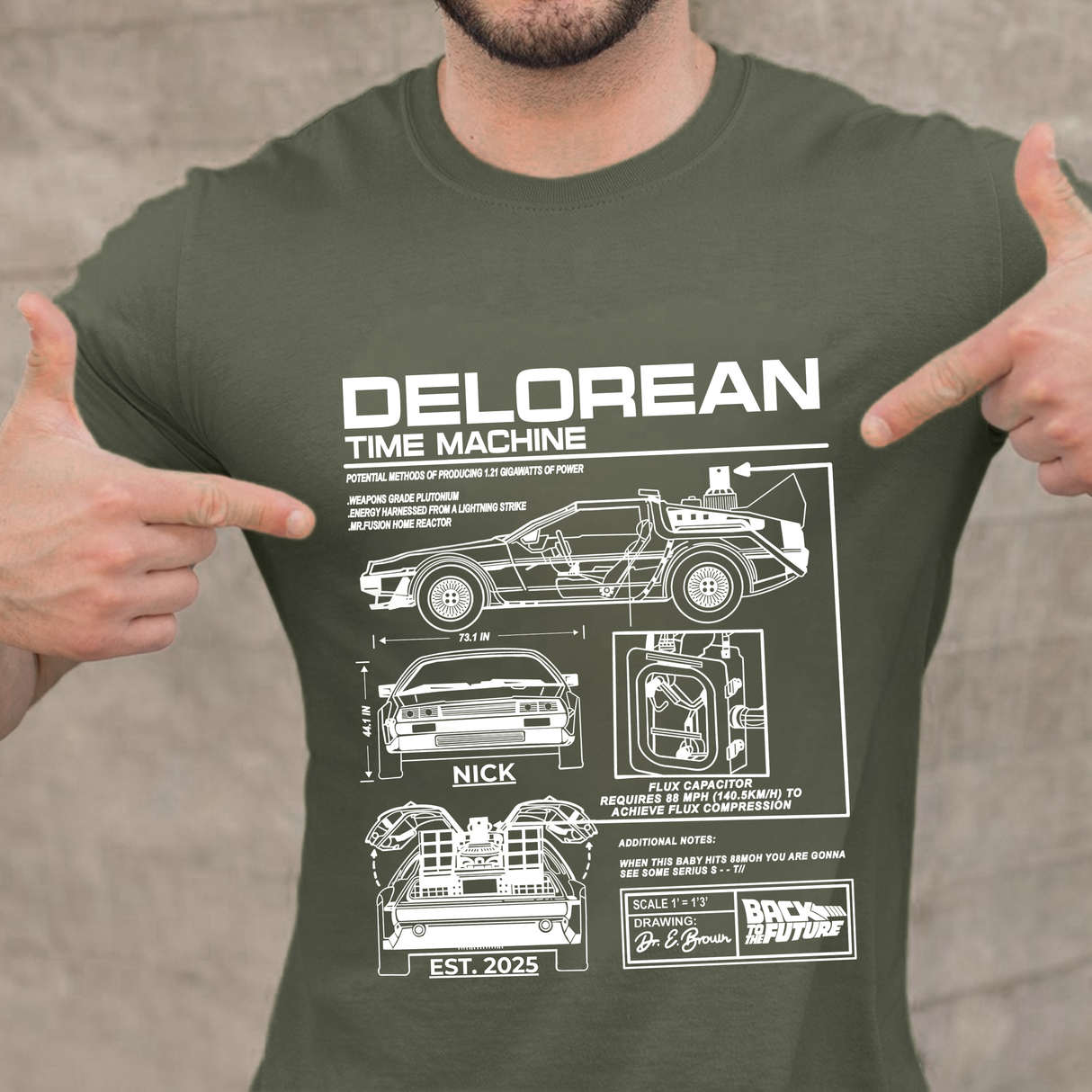 Personalized DeLorean Time Machine T-Shirt | Blueprint with Name and Year | Back to the Future Gift