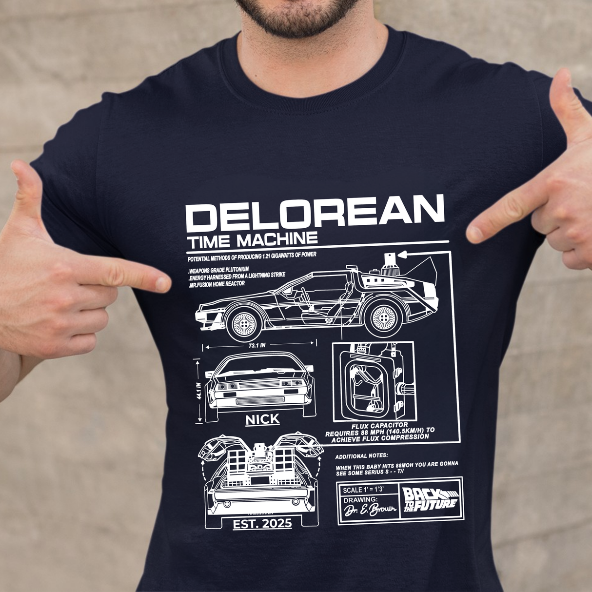 Personalized DeLorean Time Machine T-Shirt | Blueprint with Name and Year | Back to the Future Gift