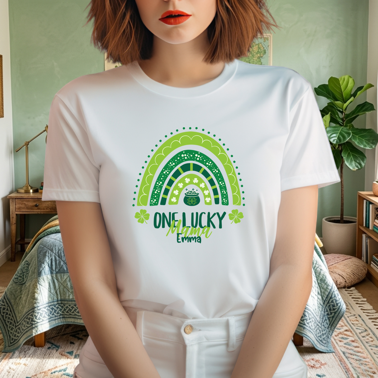 Personalized "One Lucky Mama" T-Shirt - Custom Name Green Rainbow Tee