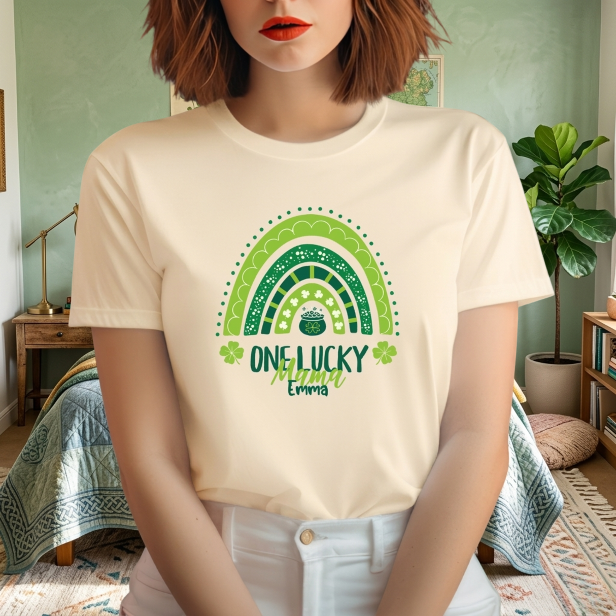 Personalized "One Lucky Mama" T-Shirt - Custom Name Green Rainbow Tee