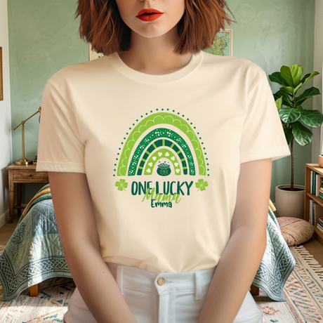Personalized "One Lucky Mama" T-Shirt - Custom Name Green Rainbow Tee