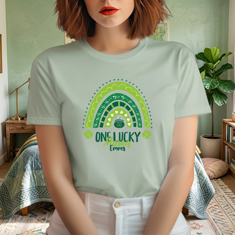 Personalized "One Lucky Mama" T-Shirt - Custom Name Green Rainbow Tee