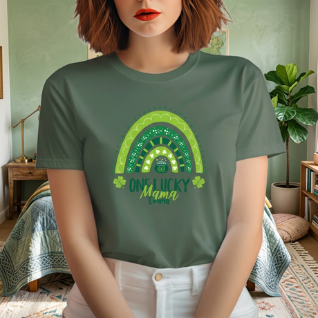 Personalized "One Lucky Mama" T-Shirt - Custom Name Green Rainbow Tee
