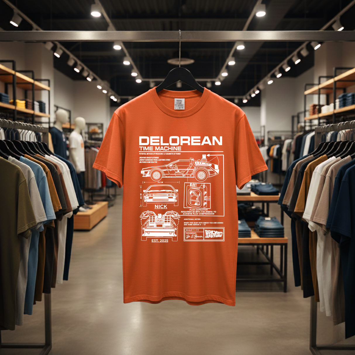 Personalized DeLorean Time Machine T-Shirt | Blueprint with Name and Year | Back to the Future Gift