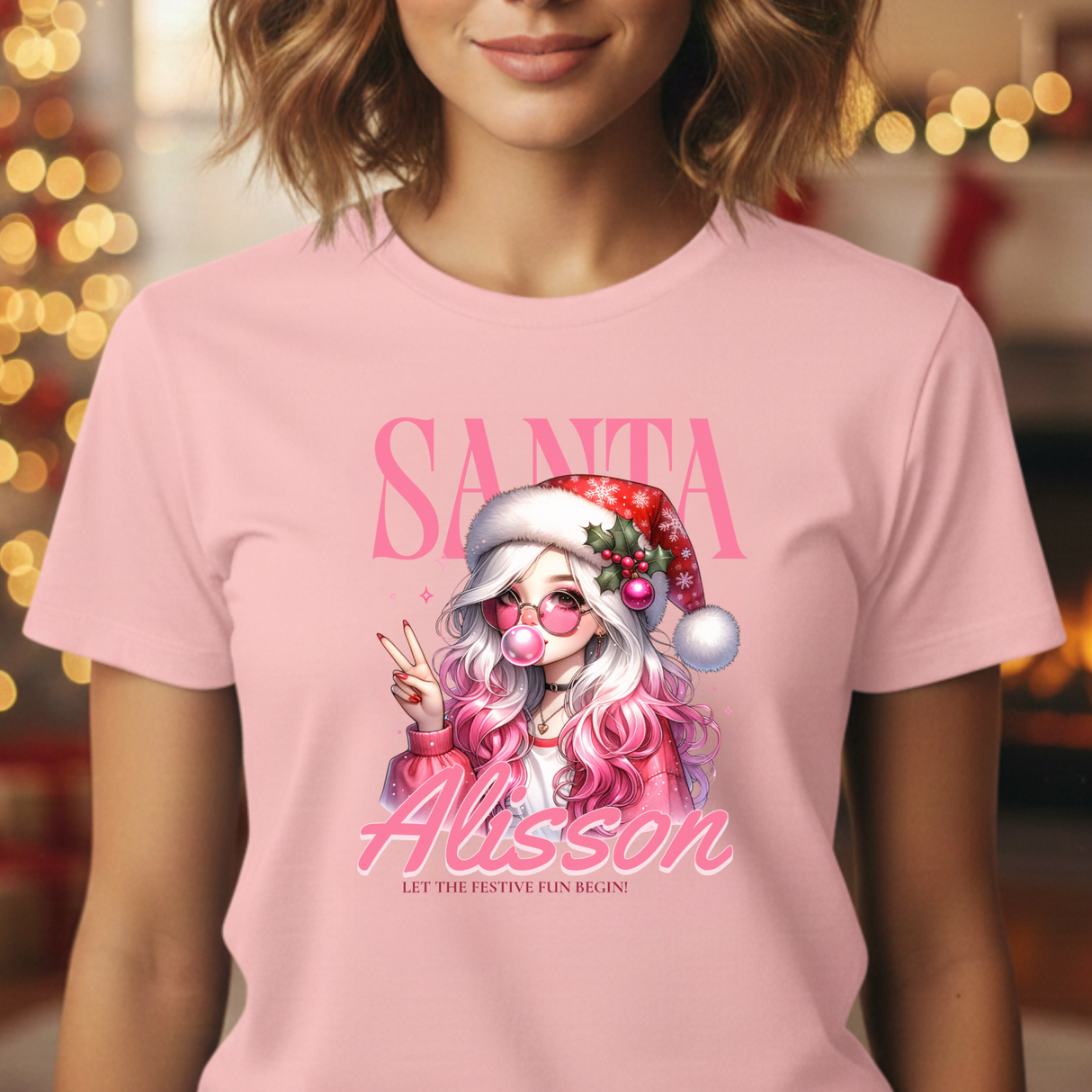 Christmas Gift: Personalized Santa Baby Tee 'Pink Holiday Girl' T-Shirt for Her