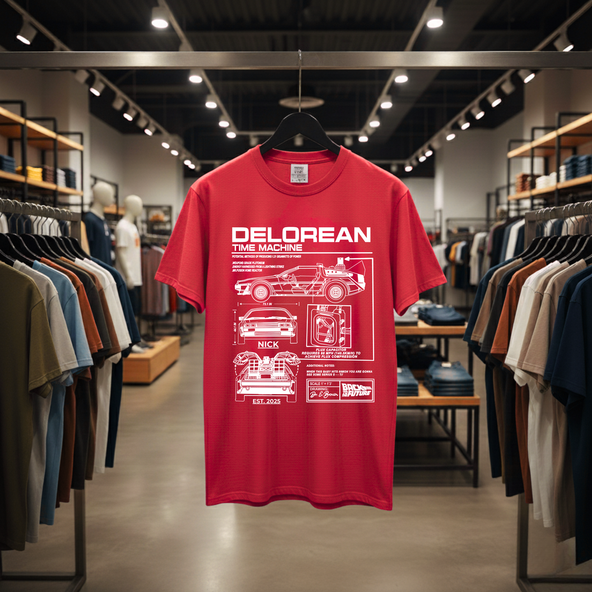 Personalized DeLorean Time Machine T-Shirt | Blueprint with Name and Year | Back to the Future Gift