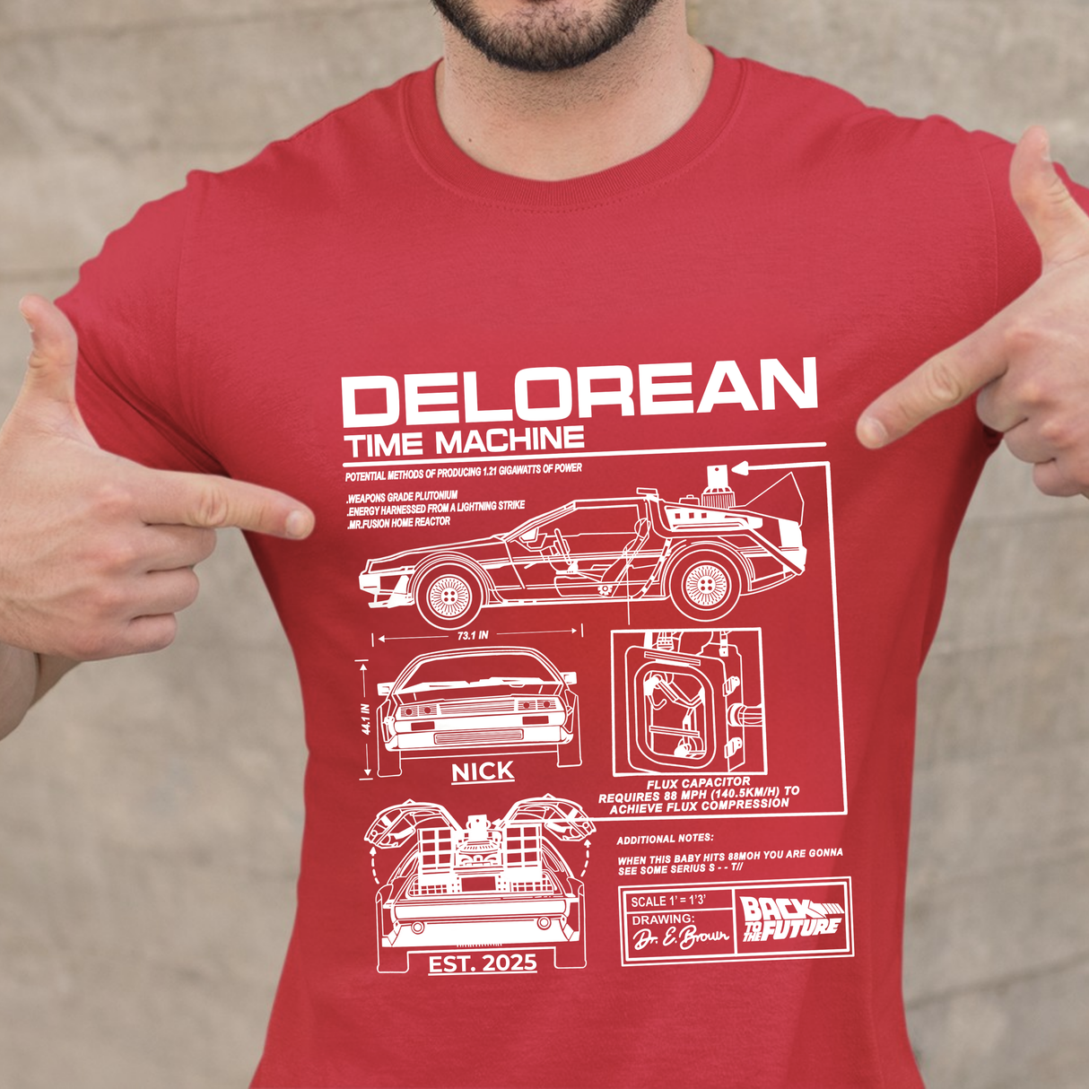 Personalized DeLorean Time Machine T-Shirt | Blueprint with Name and Year | Back to the Future Gift
