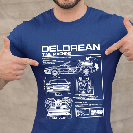 Personalized DeLorean Time Machine T-Shirt | Blueprint with Name and Year | Back to the Future Gift