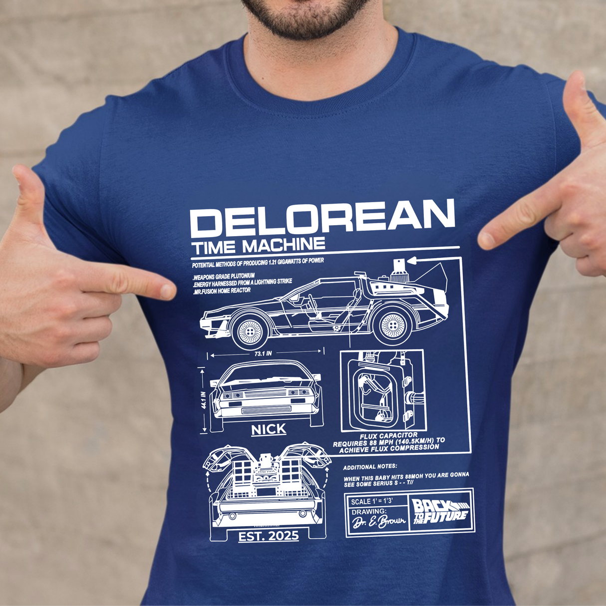 Personalized DeLorean Time Machine T-Shirt | Blueprint with Name and Year | Back to the Future Gift