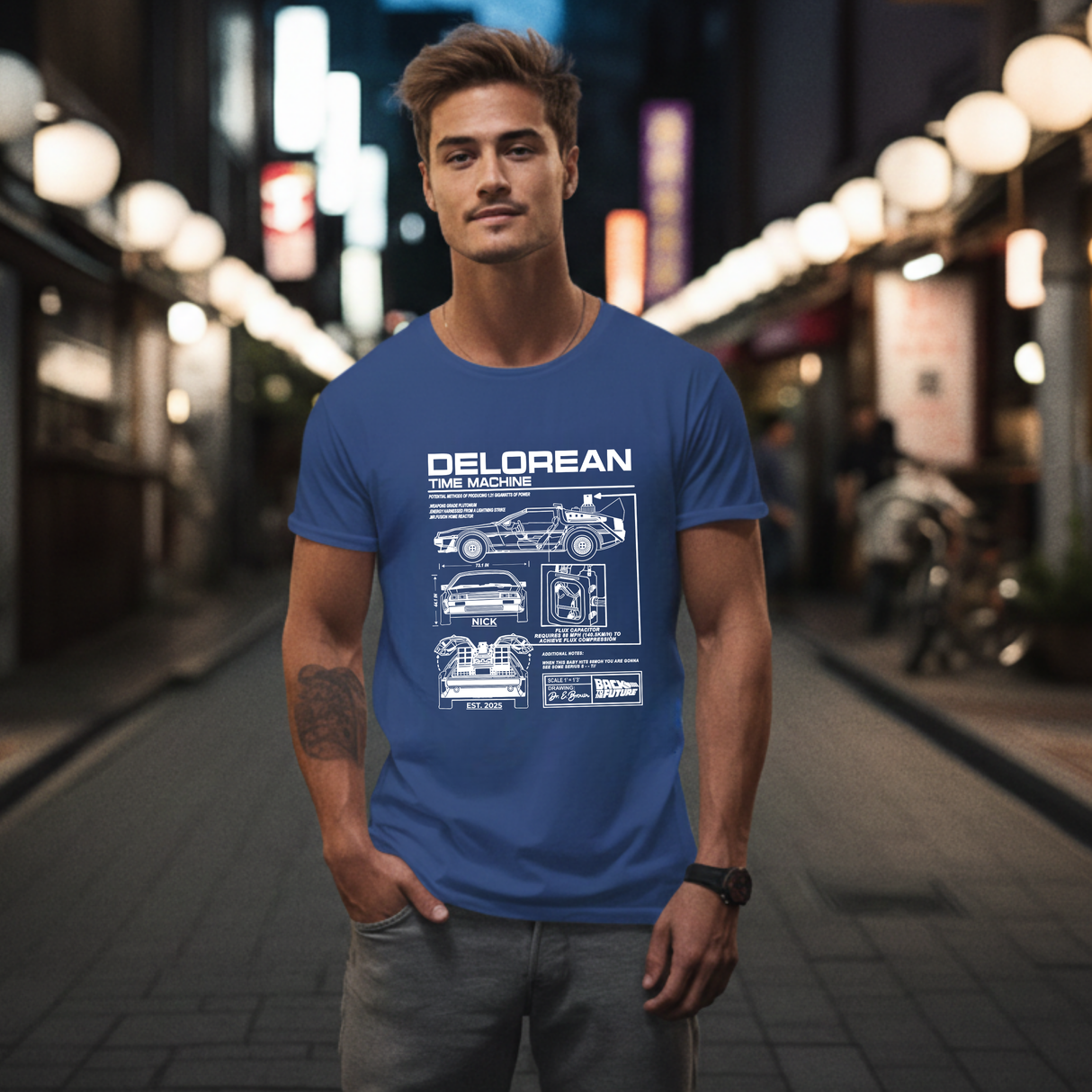 Personalized DeLorean Time Machine T-Shirt | Blueprint with Name and Year | Back to the Future Gift