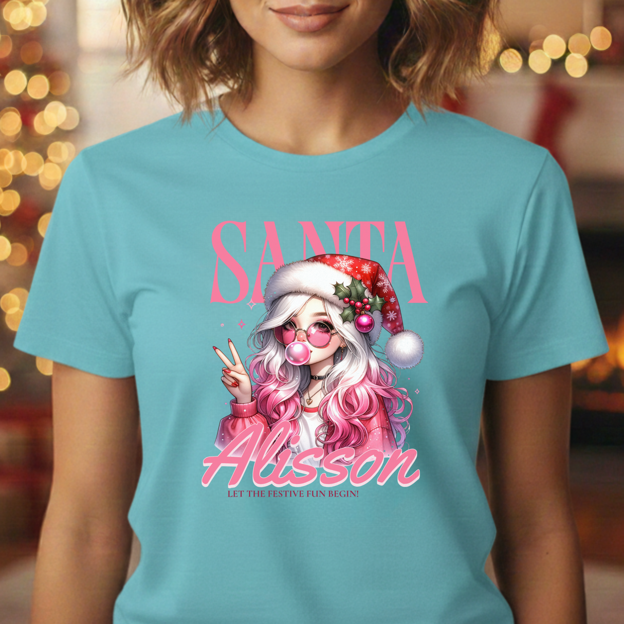 Christmas Gift: Personalized Santa Baby Tee 'Pink Holiday Girl' T-Shirt for Her