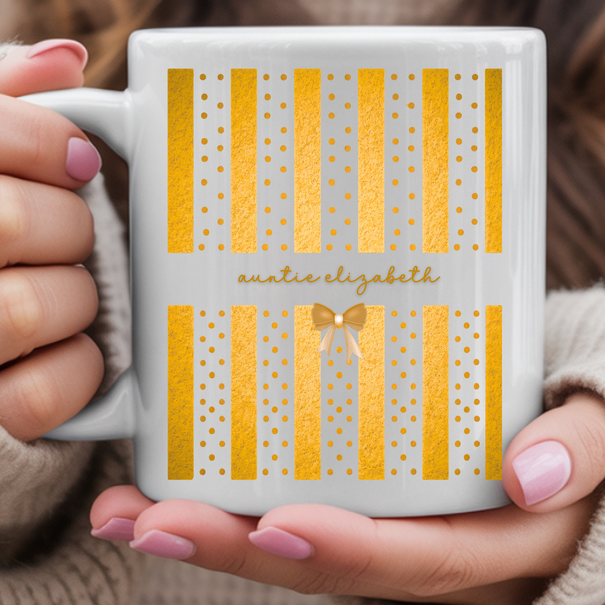 Personalized Auntie Stripes and Dots Coffee Mug - Pregnancy Announcement & Baby Reveal Gift