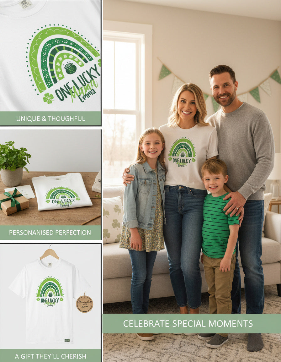 Personalized "One Lucky Mama" T-Shirt - Custom Name Green Rainbow Tee