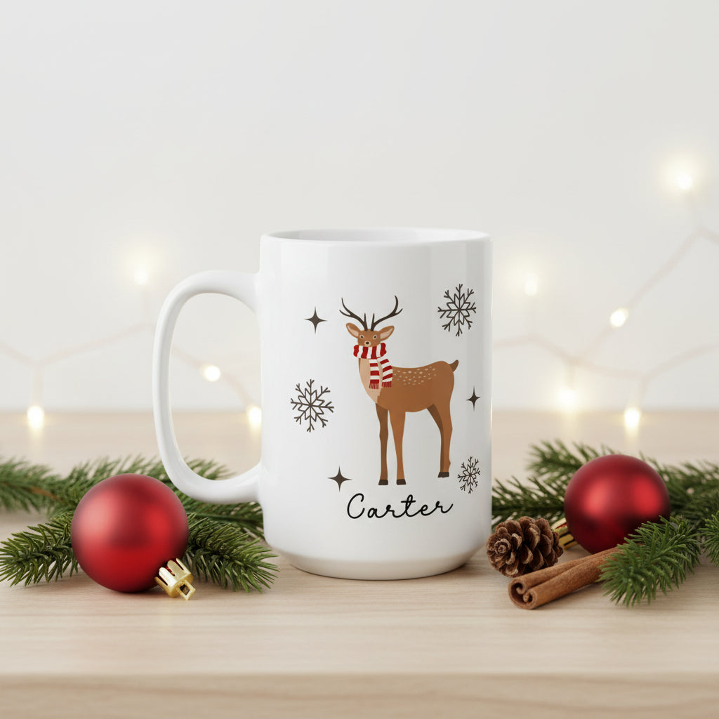 Christmas Reindeer Ceramic Mug – Holiday Snowflake Coffee Cup (11oz & 15oz)