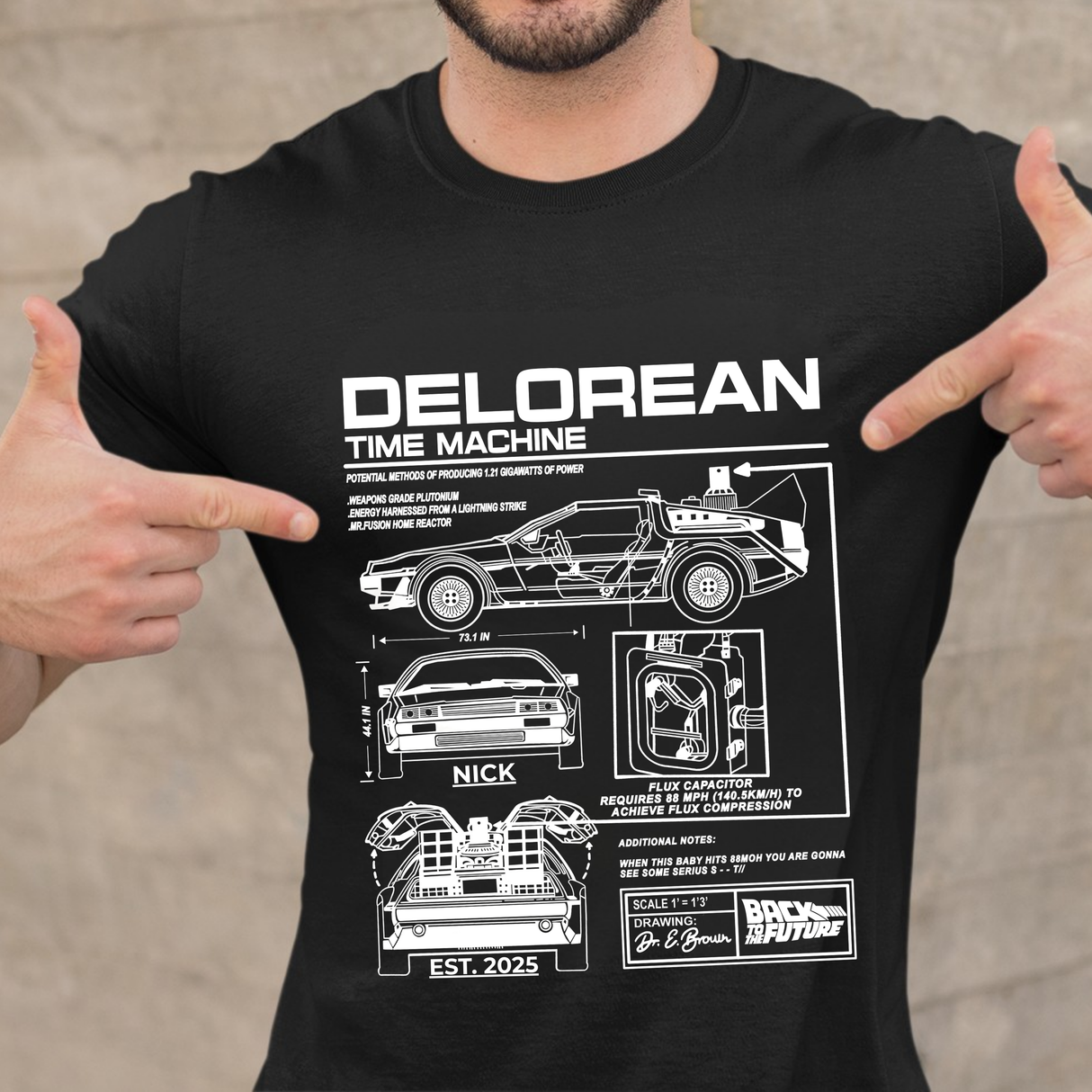 Personalized DeLorean Time Machine T-Shirt | Blueprint with Name and Year | Back to the Future Gift