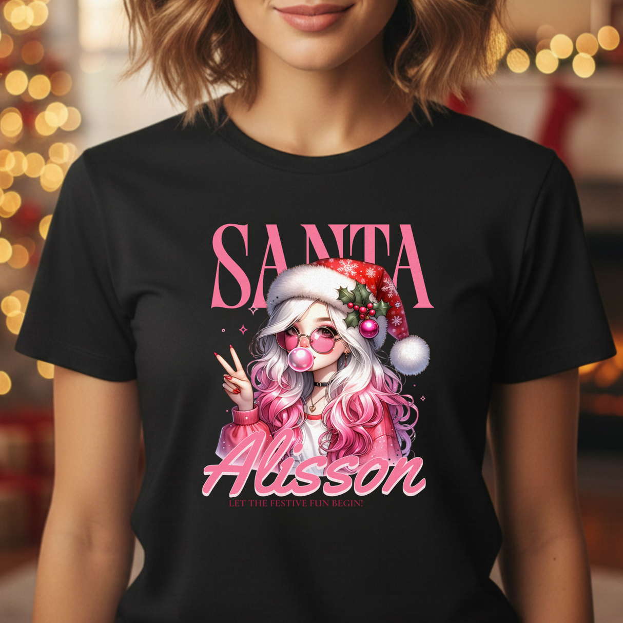 Christmas Gift: Personalized Santa Baby Tee 'Pink Holiday Girl' T-Shirt for Her