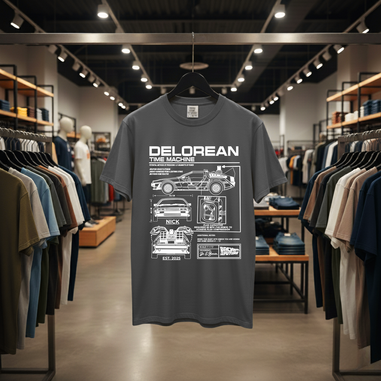 Personalized DeLorean Time Machine T-Shirt | Blueprint with Name and Year | Back to the Future Gift