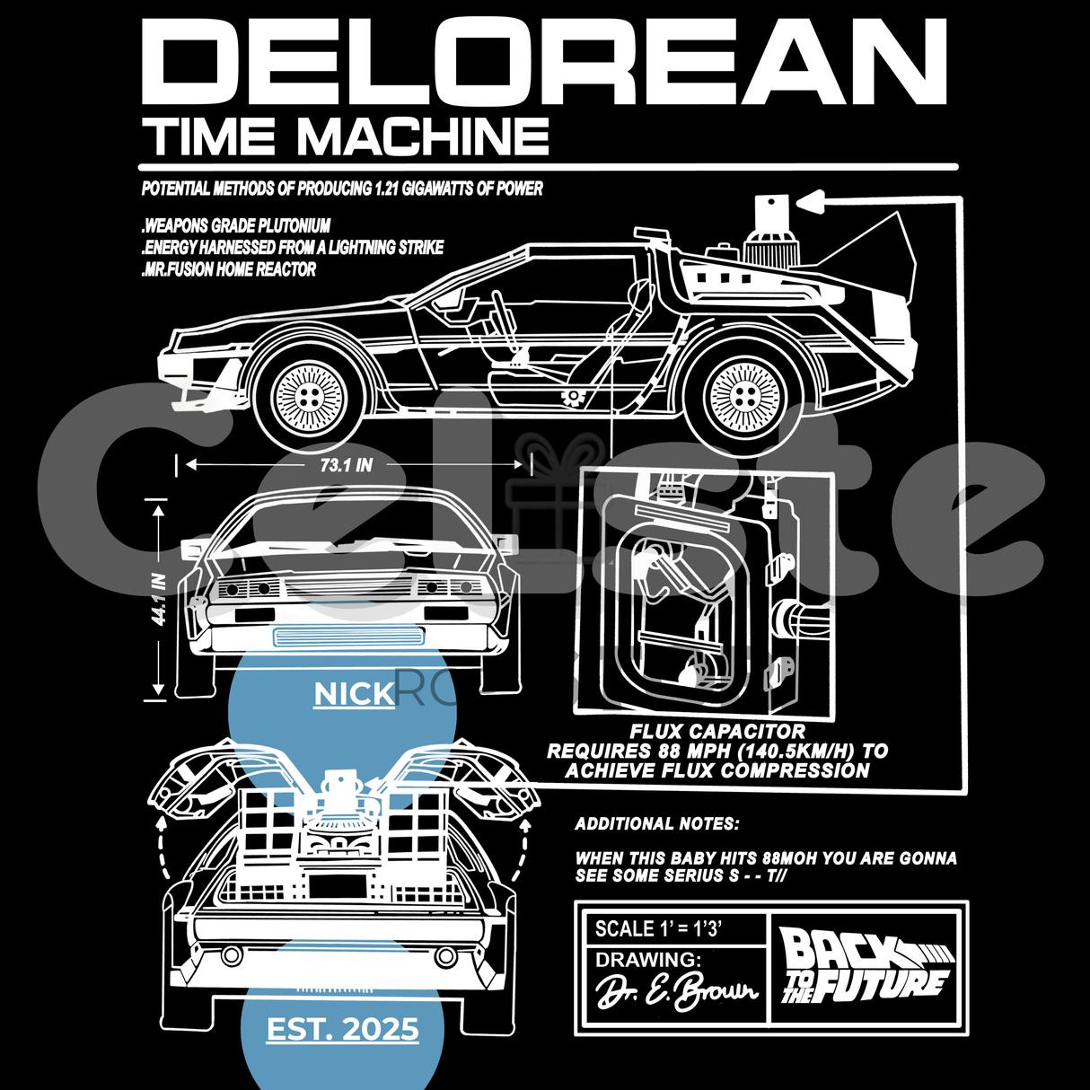 Personalized DeLorean Time Machine T-Shirt | Blueprint with Name and Year | Back to the Future Gift