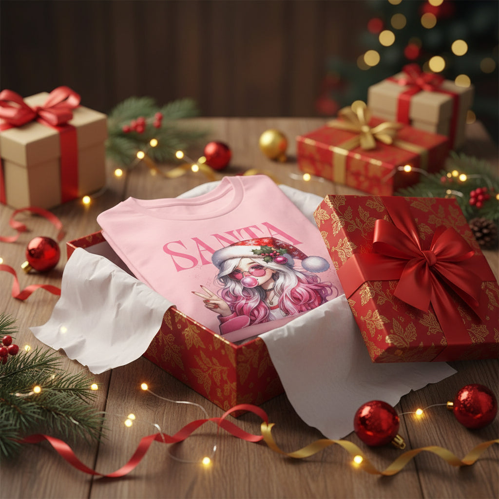 Christmas Gift: Personalized Santa Baby Tee 'Pink Holiday Girl' T-Shirt for Her